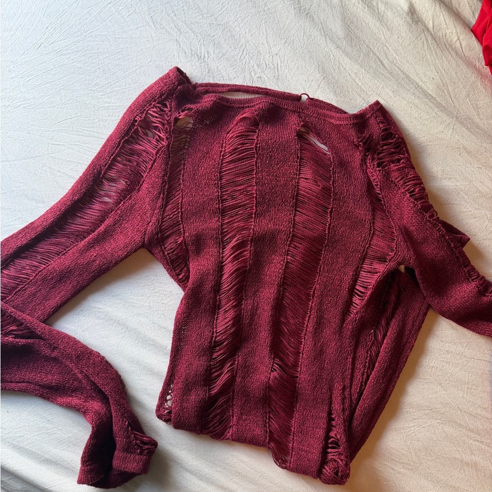 Jaded London Distressed Open-Knit Sweater - Burgundy
